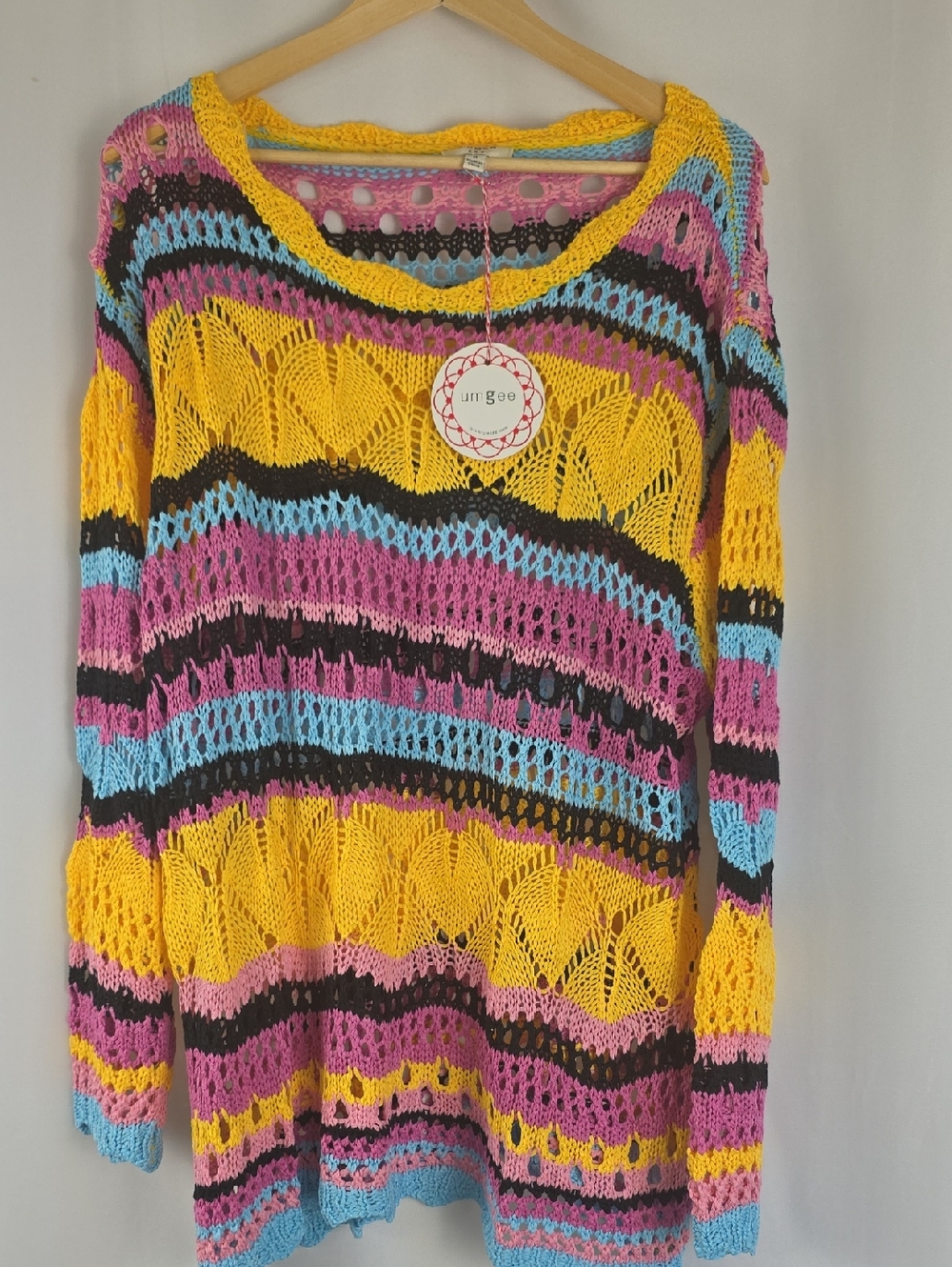 Umgee Vibrant Striped Crochet Sweater in Yellow, Pink, Blue & Black